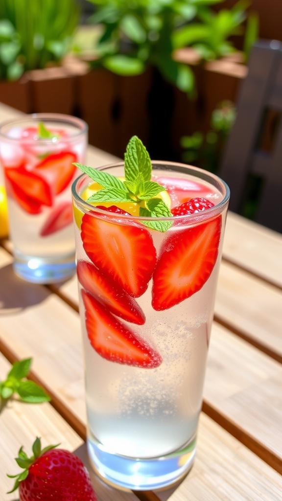 A vibrant Strawberry Lemonade Vodka Spritzer in a glass with strawberries, mint, and lemon garnish, on a sunny table.